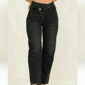 🛍Grey Lab Asymmetrical Wrap front high Rise black straight leg jeans NWT Sz 30